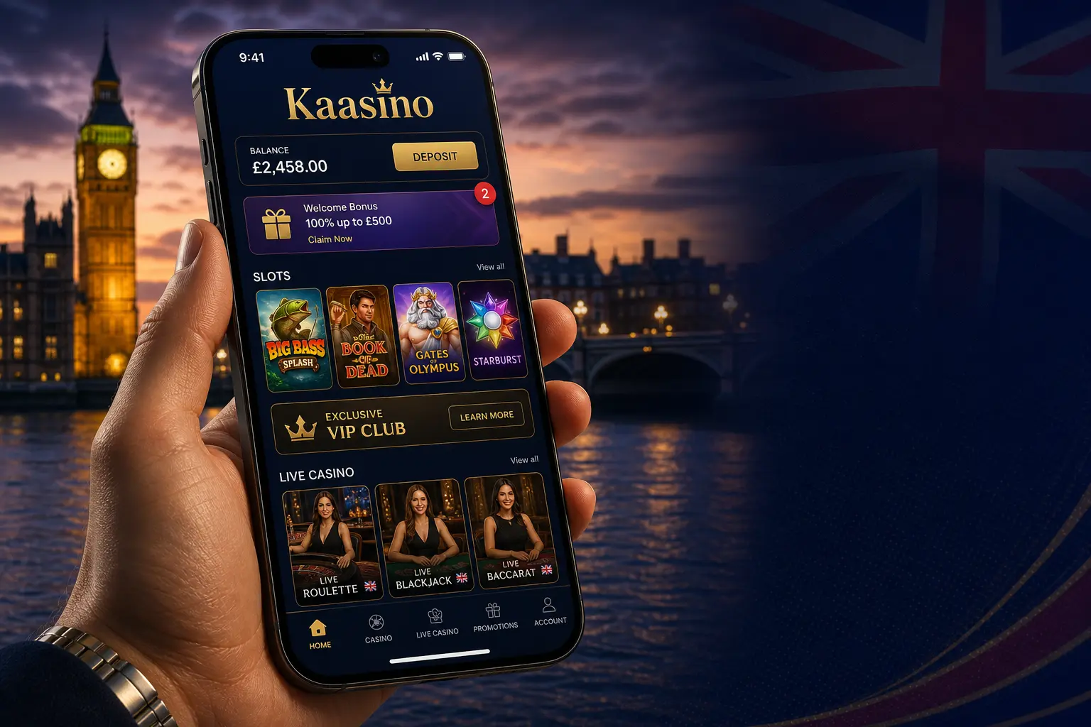 Premium mobile app interface of Kaasino running on a smartphone in UK