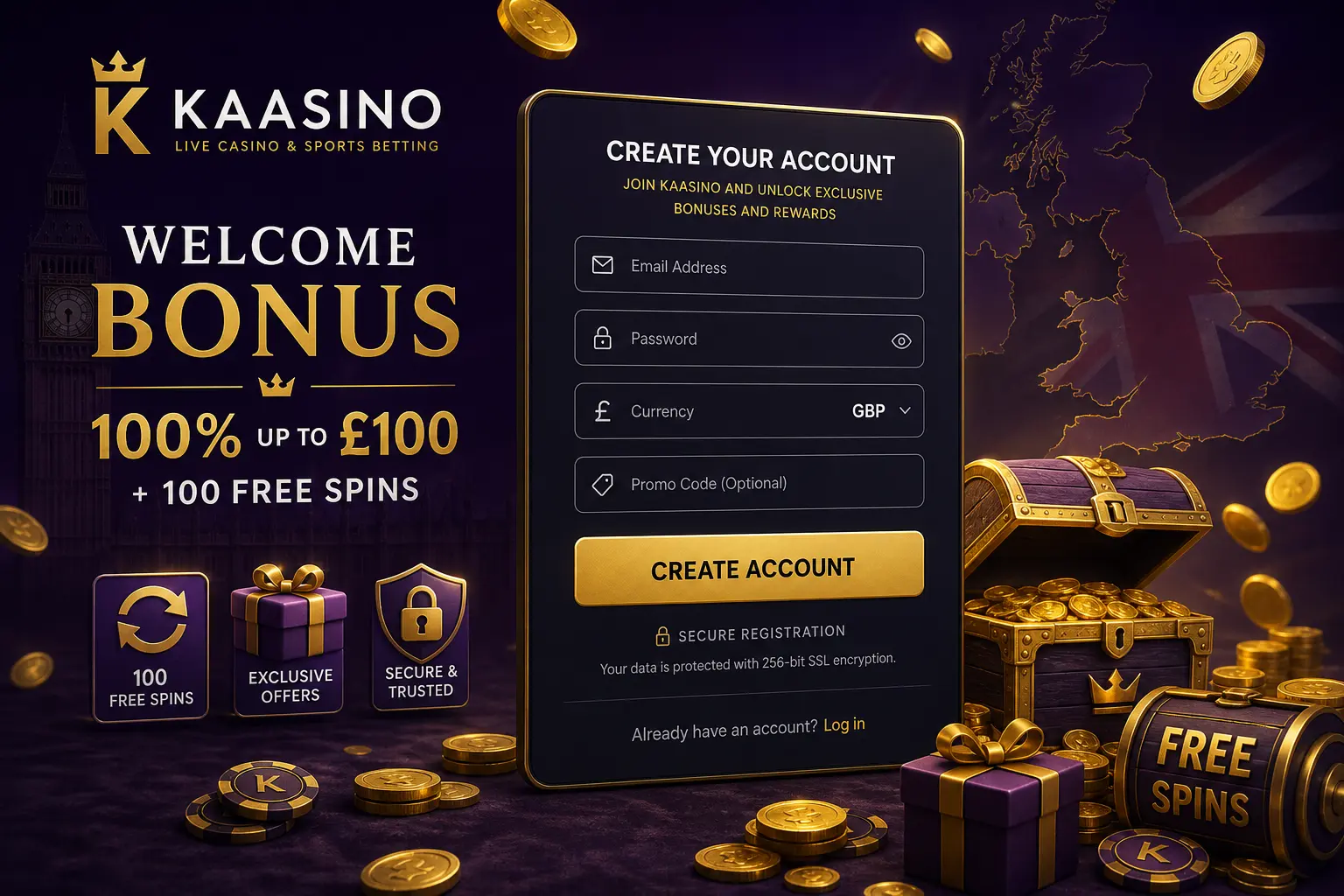 2 (1) Secure registration form and welcome bonus access at Kaasino in UK