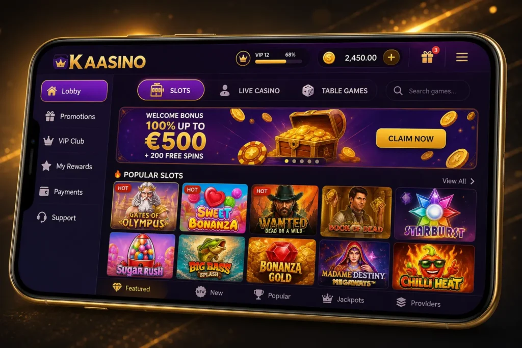 Mobile casino lobby and slot games interface inside Kaasino app