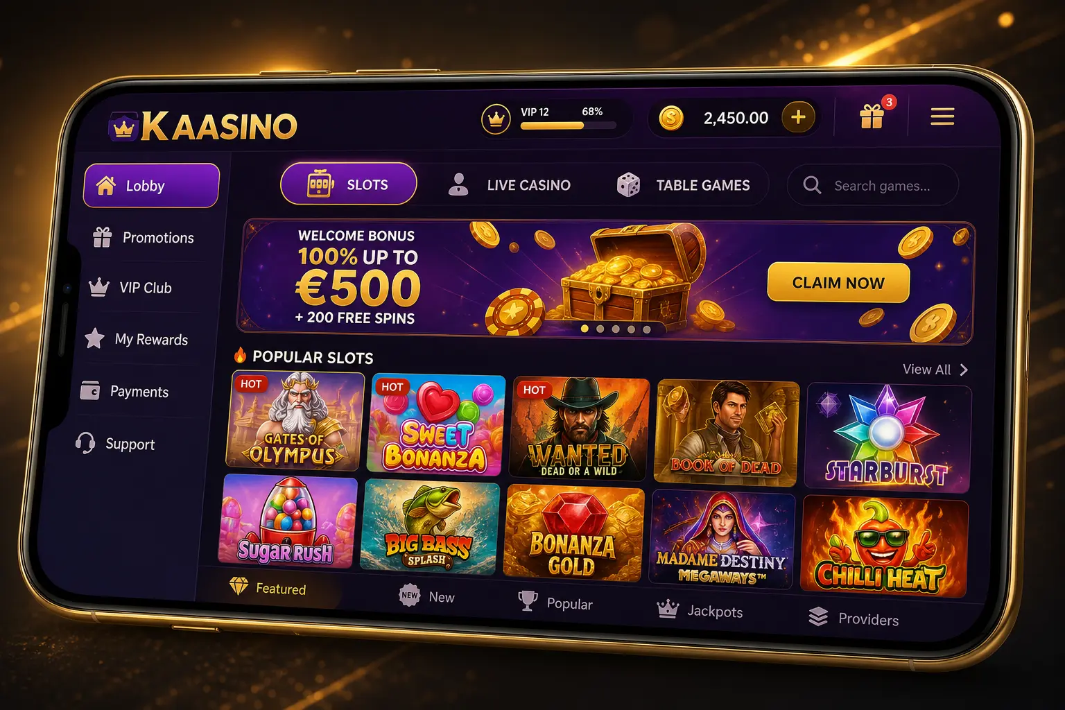 Mobile casino lobby and slot games interface inside Kaasino app