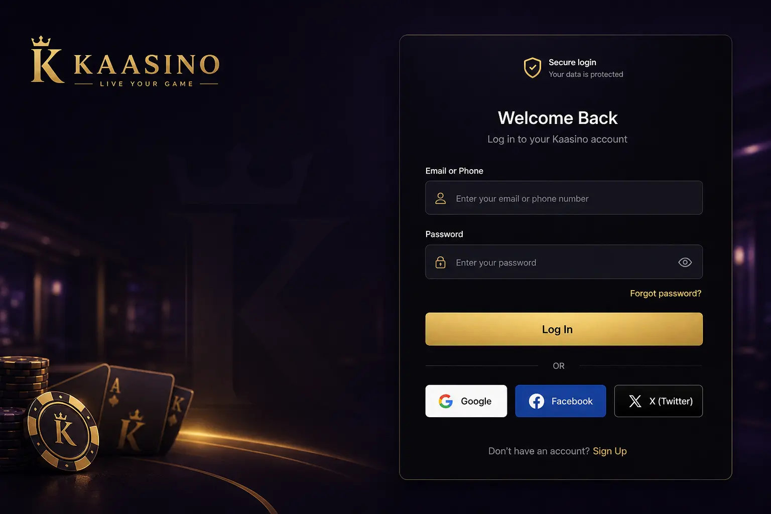 Official login and authorization page at Kaasino